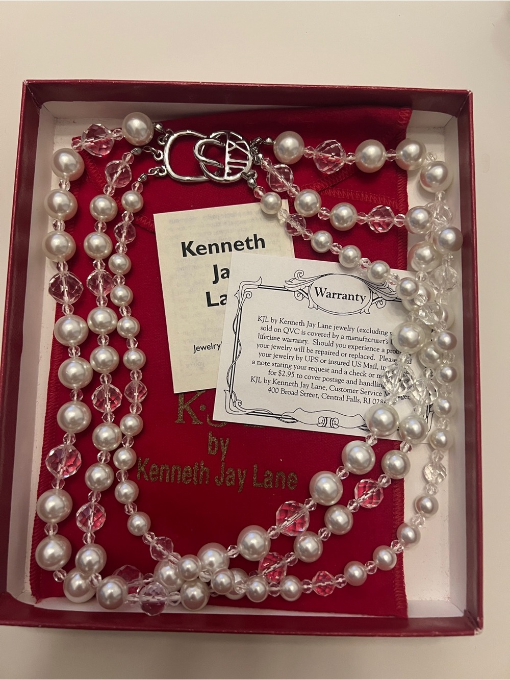 Kenneth Jay Lane Pink Crystal and White Pearl Multi-Strand Necklace